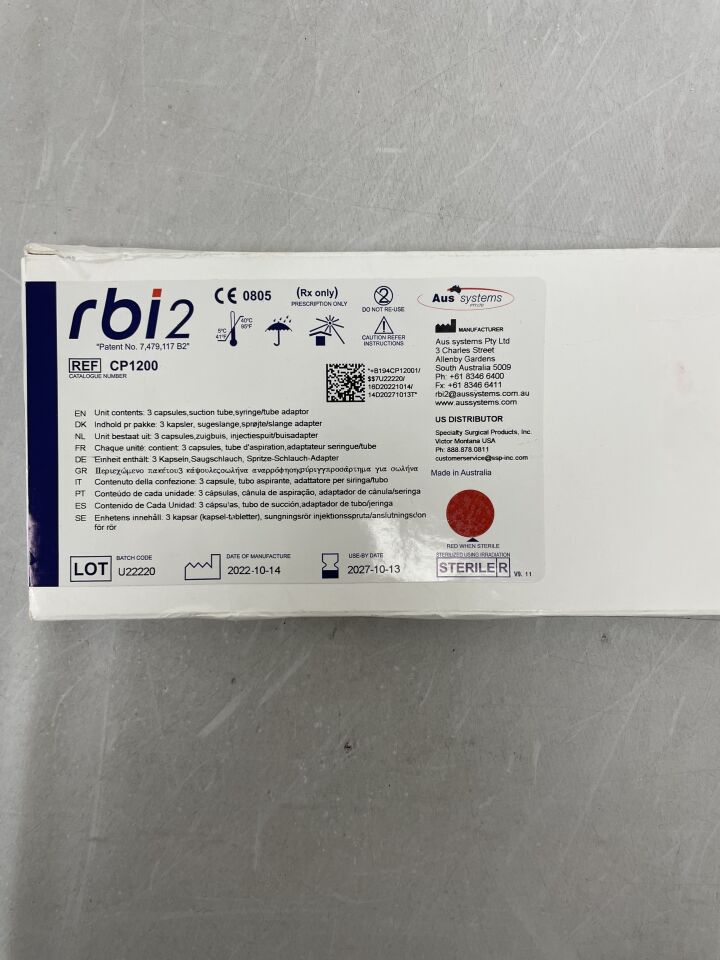 Medical device box labeled rbi2 CP1200 with product details, barcodes, and instructions.