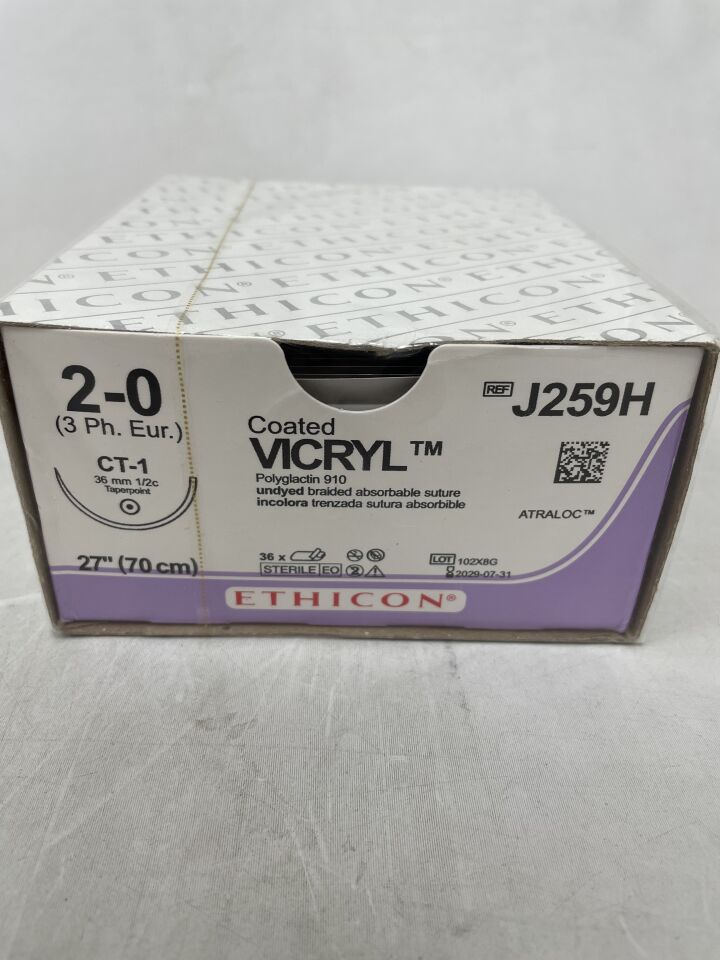 J259H - ETHICON - 塗層薇喬可吸收編織聚乳酸-羥基乙酸共聚物縫合線，2-0號，27英寸長，CT-1針，（）-（有效期：）