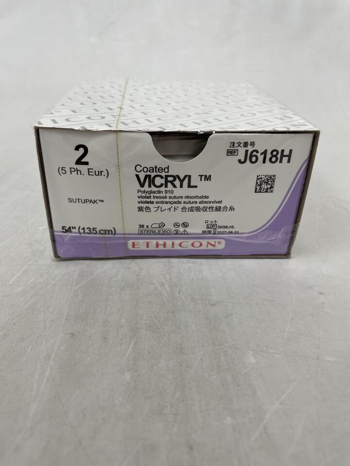J618H - ETHICON - 塗層薇喬可吸收編織聚乳酸-羥基乙酸共聚物縫合線，2號，54英寸長，（）-（有效期：）