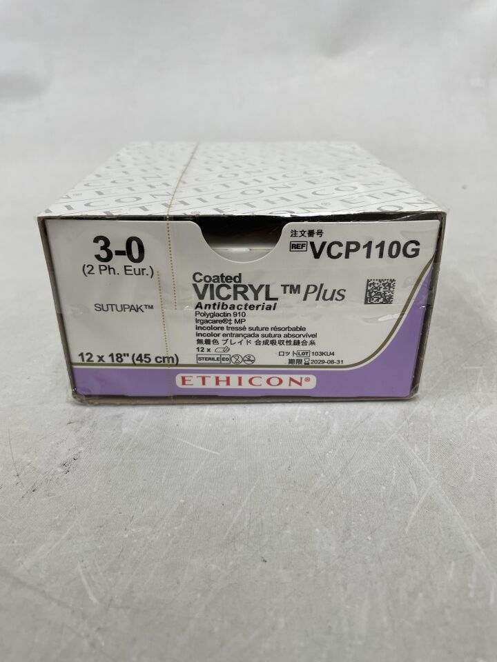 VCP110G - ETHICON - 塗層 VICRYL Plus 抗菌（聚乳酸-羥基乙酸共聚物 910）縫合線，無針，可吸收，未染色編織，18 英寸 = 45 厘米，規格：3-0，（）-（有效期：）