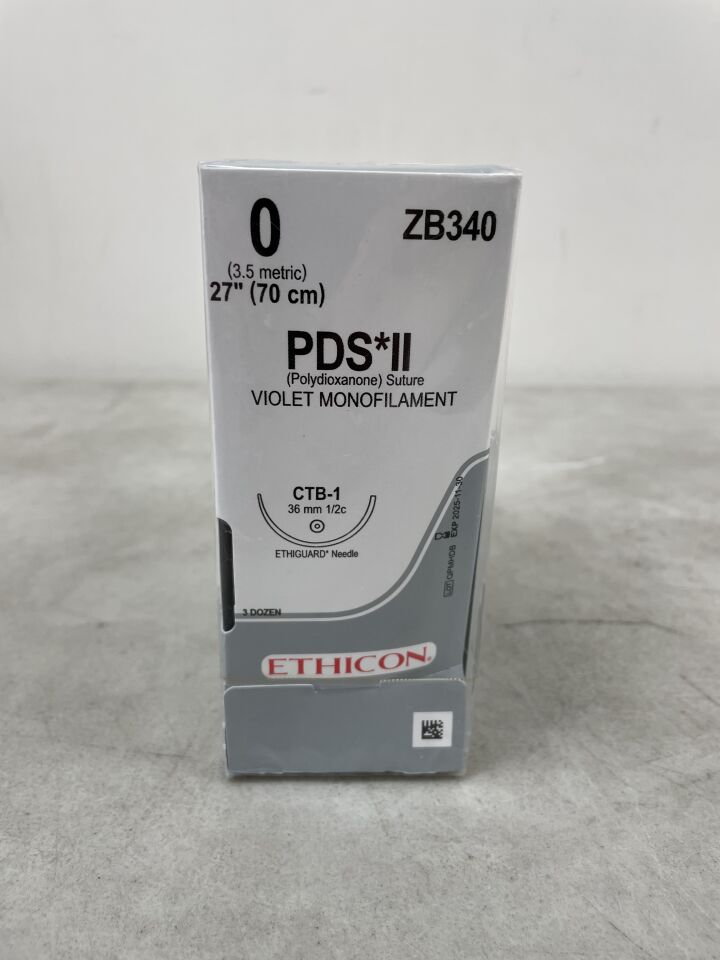 ZB340 - ETHICON - PDS II（聚二氧雜環己酮）縫合線，ETHIGUARD - 鈍頭，紫色單絲 27 英寸 = 70 厘米，尺寸：0，（）-（有效期：）