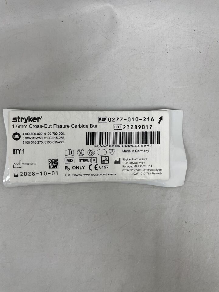 0277-010-216 - STRYKER - Fresa de carburo de fisura de corte transversal de 1,6 mm, ( ) - ( Fecha de caducidad : )