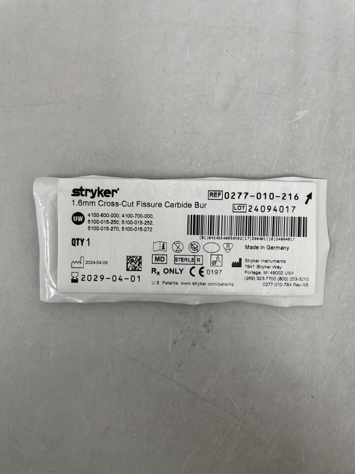 0277-010-216 - STRYKER - Fresa de carburo de fisura de corte transversal de 1,6 mm, ( ) - ( Fecha de caducidad : )
