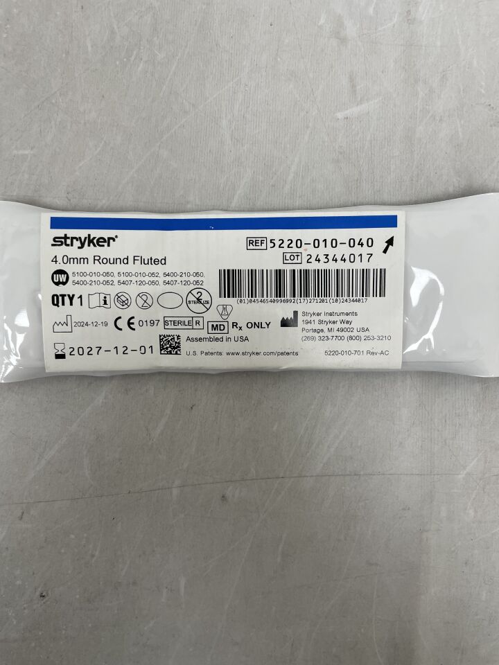 5220-010-040  -  STRYKER  -  4.0mm Round Fluted Bur, Medium , (  )  -  ( Expiry Date :  )