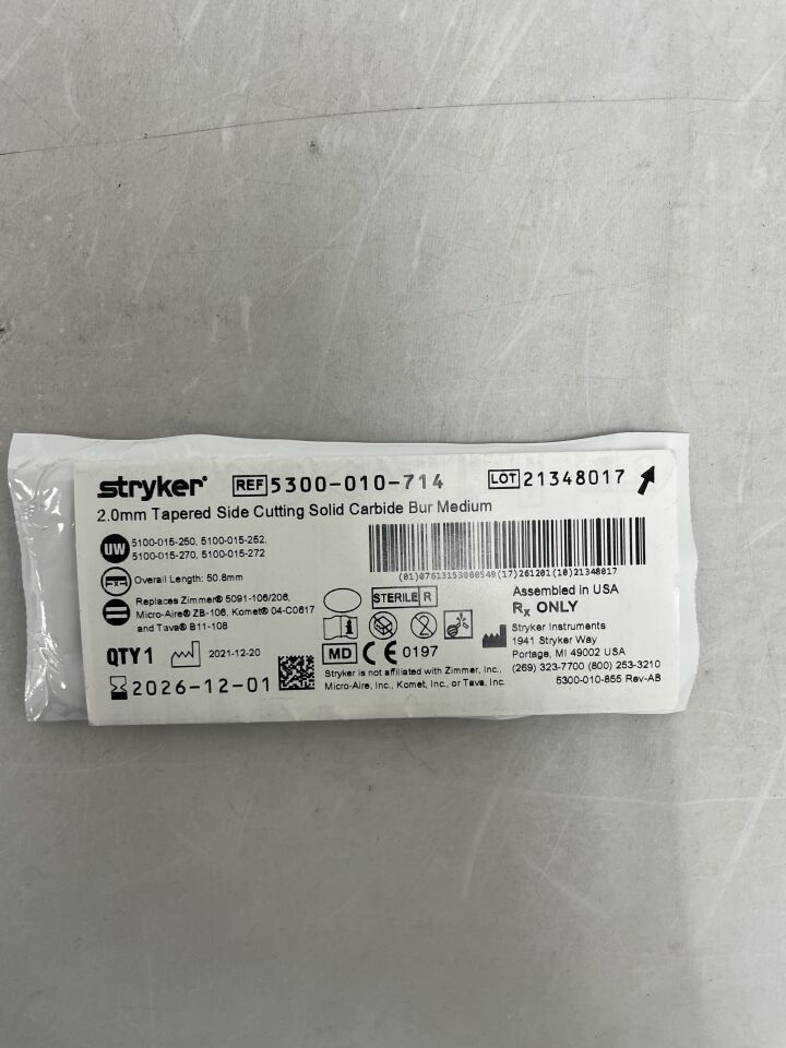 5300-010-714  -  STRYKER  -  Tapered Side Cutting Solid Carbide Bur, Medium, 2.0mm x 50.8mm , (  )  -  ( Expiry Date :  )