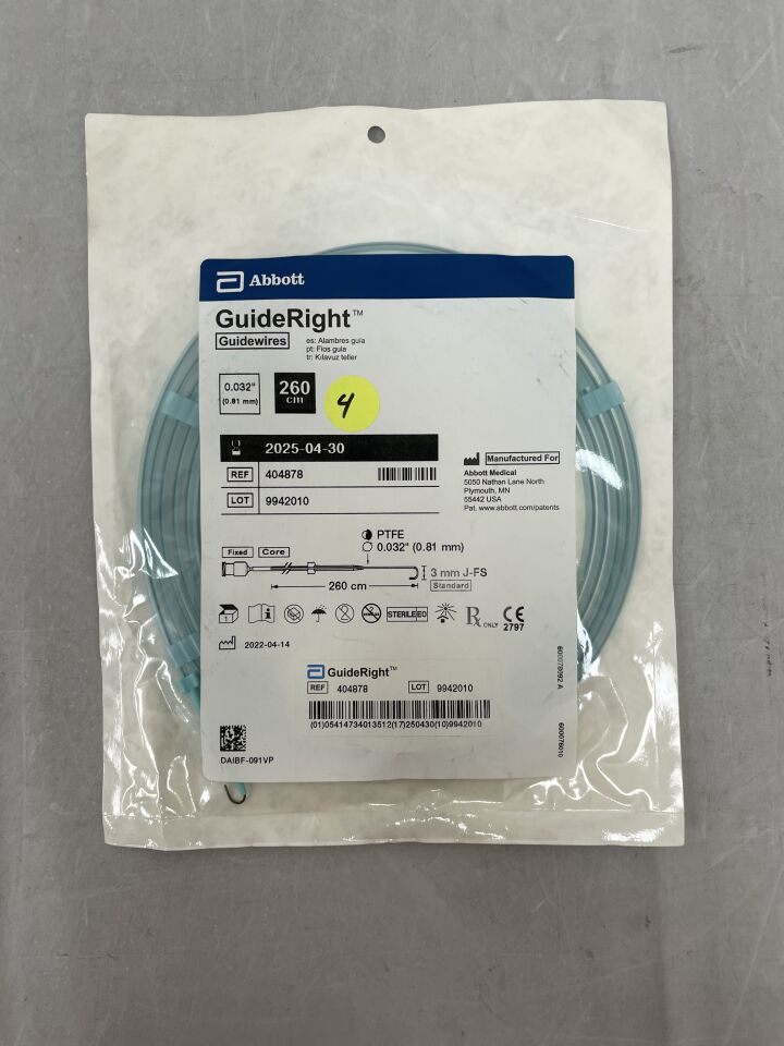 404878 - ABBOTT - GuideRight Guidewire - 3mm J-FS, Standard - .032" x 260cm, (EA) - ( Expiry Date: 2025-04-30 )