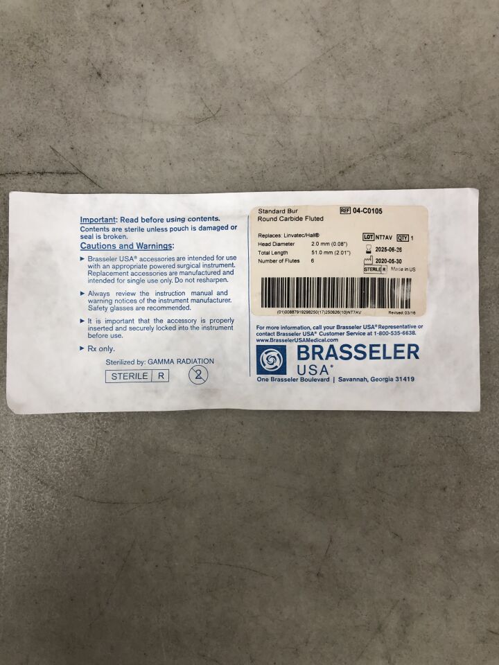04-C0105 - BRASSLER - Standard Bur Round Carbide Fluted L=51mm, (EA) - ( Expiry Date: 2025-06-26 )
