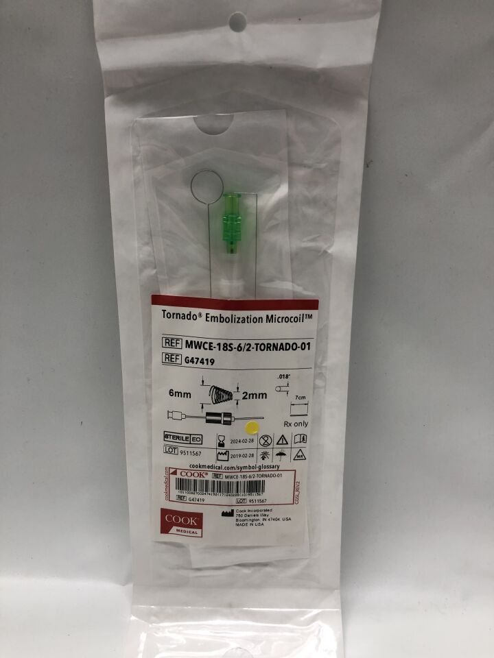 G47419 - COOK - Tornado Sterile Fibered Platinum Embolization Coil, 6 to 2 dia. x 7 cm Embolus Length, (EA) - ( Expiry Date: 2025-06-24 )