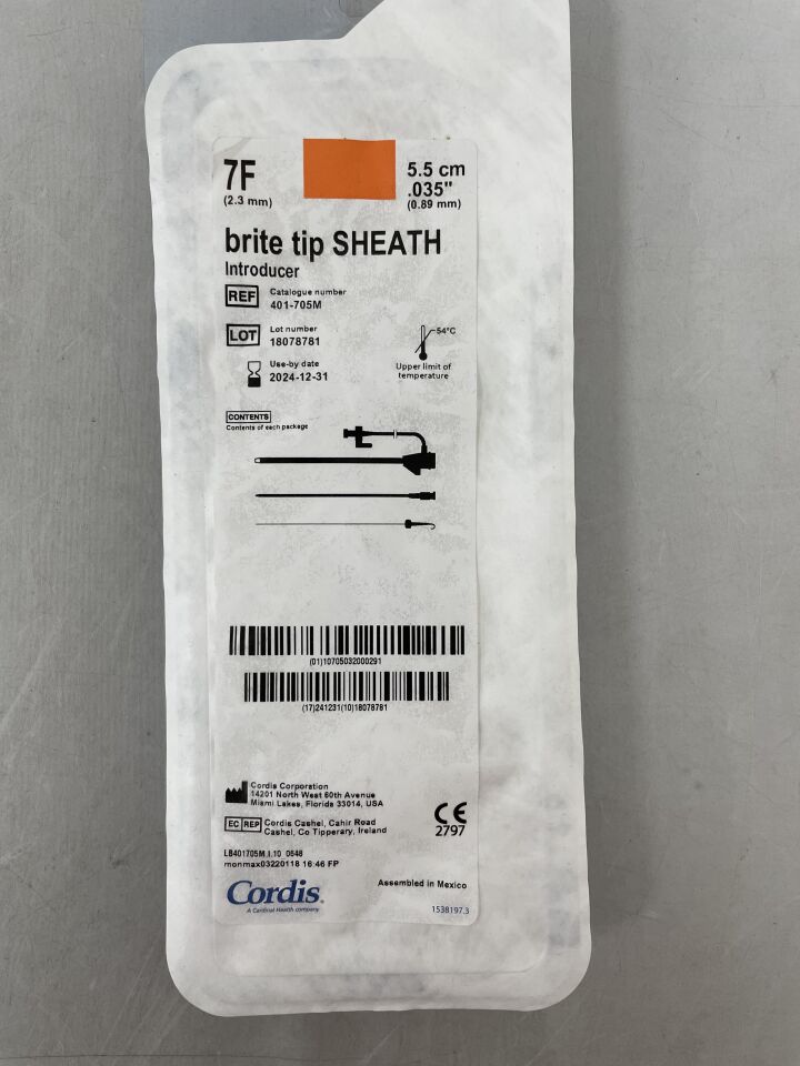 401-705M - CORDIS - Brite Tip Sheath Introducer w/Mini-Wire 7F x 5.5cm, 0.035", () - ( Expiry Date: 2024-12-31 )
