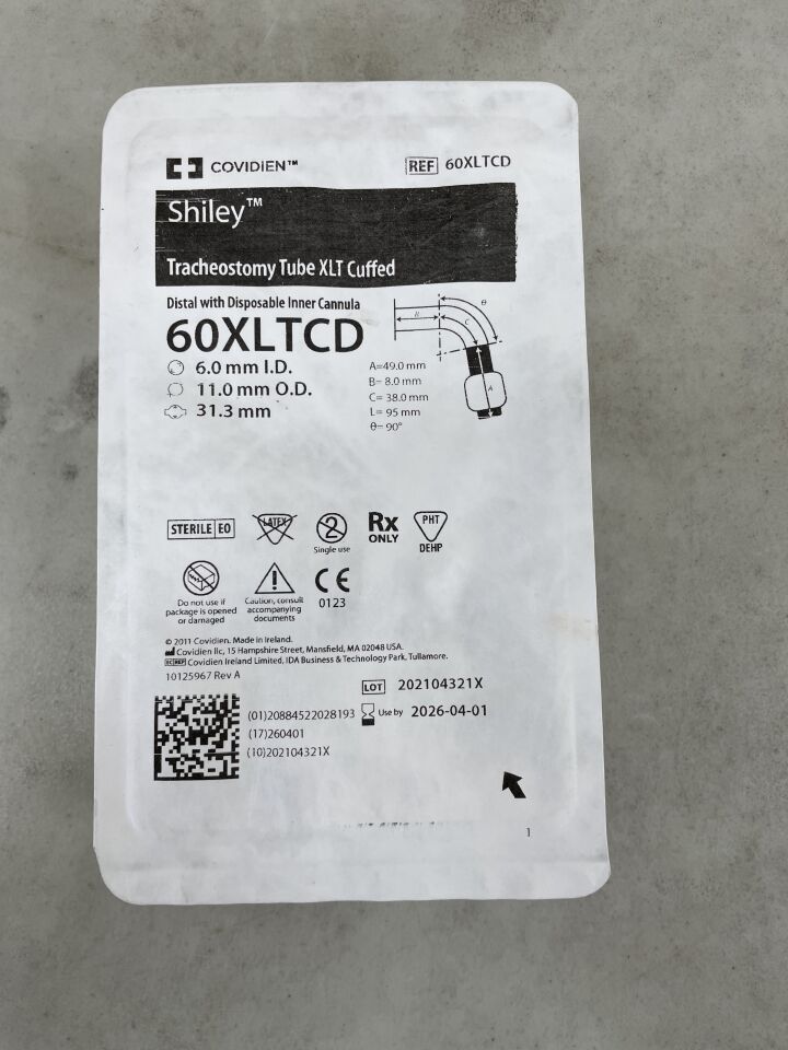 60XLTCD - COVIDIEN - Shiley 帶袖 XLTCD 加長型氣管切開套管，帶遠端內套管，6 毫米，（EA）-（有效期：2026-04-01）