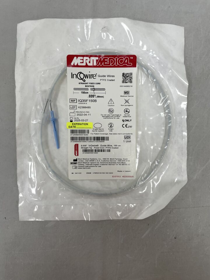 IQ35F150B - MERIT MEDICAL - InQwire Guide Wire 0.035" x 150cm, Bentson Straight Tip, Fixed Core, (EA) - ( Expiry Date: 2025-03-27 )