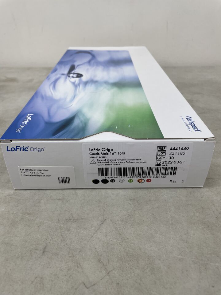 4441640 - WELLSPECT - LoFric Origo Urethral Catheter, Male, Coude Tip, Hydrophilic Coated, 16F, (BX/30) - ( Expiry Date: 2022-03-21 )