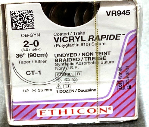 VR945 - ETHICON - Undyed Braided (Polyglactin 910), Synthetic Absorbable Suture, (BX/12)