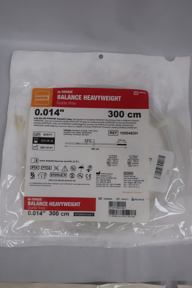 1000463H - ABBOTT - HI-TORQUE BALANCE HEAVYWEIGHT Guide Wire w/Hydrocoat .014 Straight 4.5 cm x 300 cm, (EA) - ( Expiry Date: 2025-05-31 )