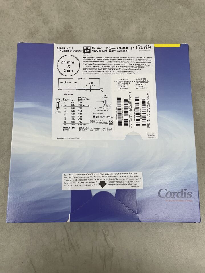 48004002N - CORDIS - SABER .035 PTA Dilation Catheter, 4mm x 20mm x 80cm, (BX/1) - ( Expiry Date: 2025-10-31 )