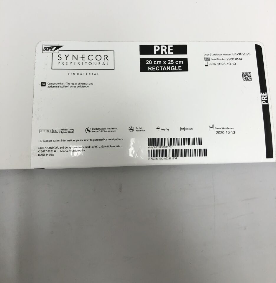 GKWR2025 - GORE - Synecor Intraperitoneal Biomaterial, PRE Rectangle 20cm x 25cm, (BX/1) - ( Expiry Date: 2023-10-13 )