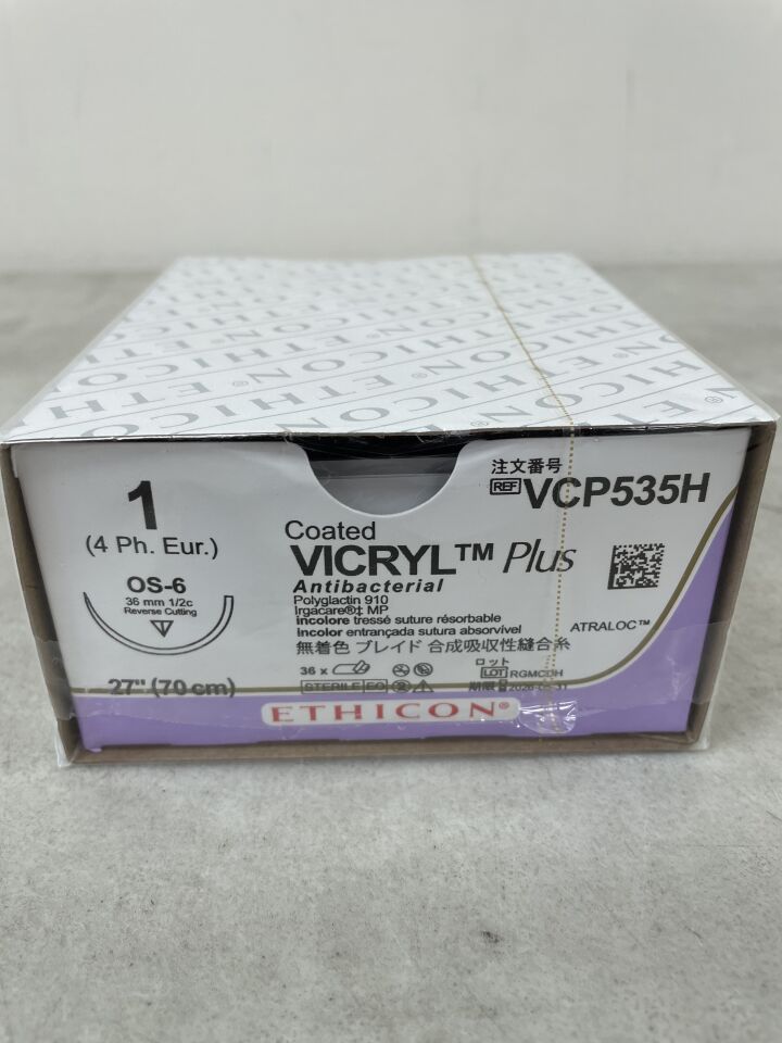 VCP535H - ETHICON - 塗層 VICRYL Plus 抗菌（聚乳酸-羥基乙酸共聚物 910）縫合線，反向切割，未染色編織 27 英寸 = 70 厘米，尺寸：1-0，（盒/36）-（有效期至：2026-05-31）