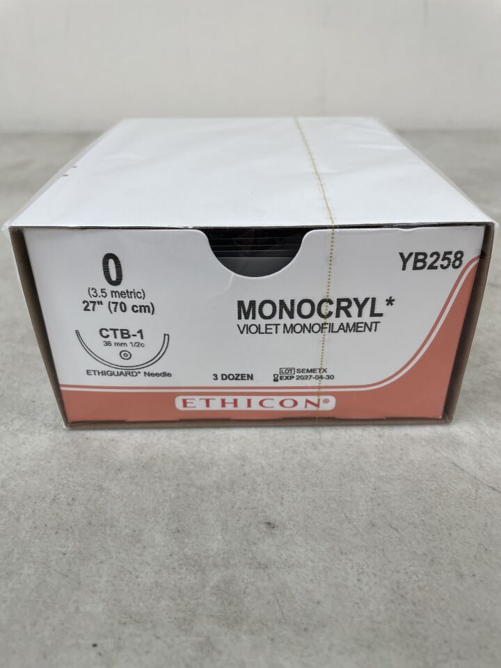 YB258 - ETHICON - MONOCRYL VIOLET MONOFILAMENT 0 CTB-1 27"(70cm) , ( BX/36 ) - ( Expirable Date : 2027-04-30 )