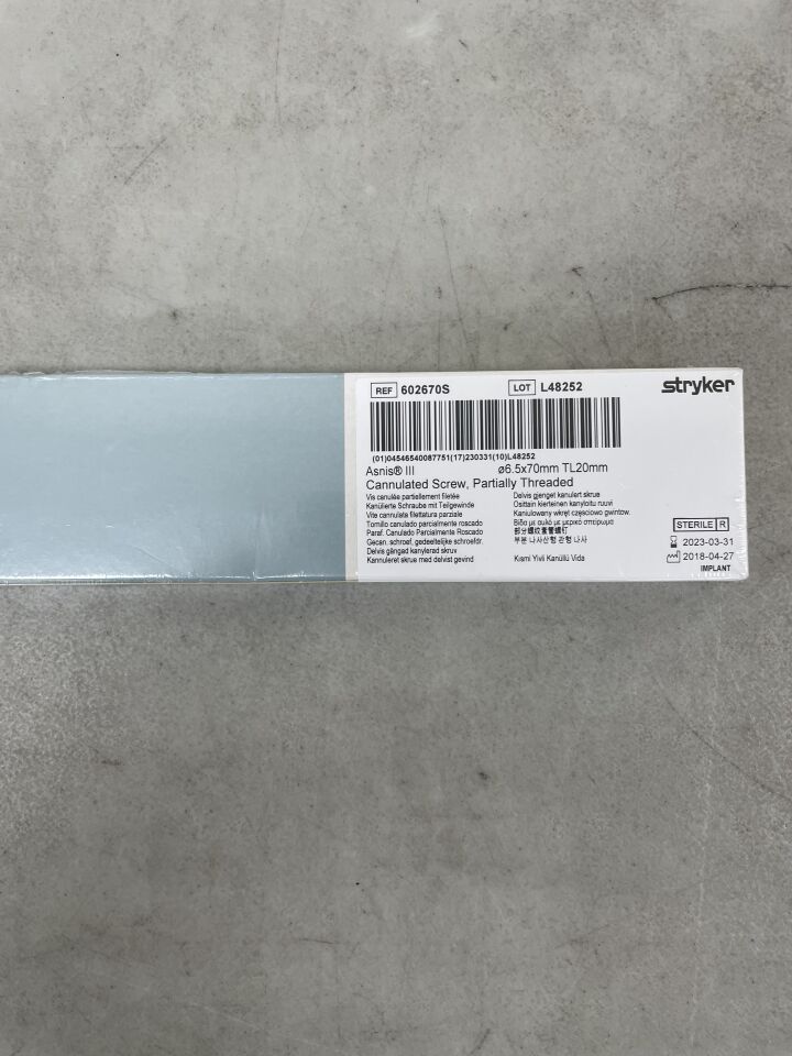 602670S - STRYKER - Asnis III Cannulated Screw Partially Threaded, 6.5 x 70mm, (BX/1) - ( Expiry Date: 2023-03-31 )