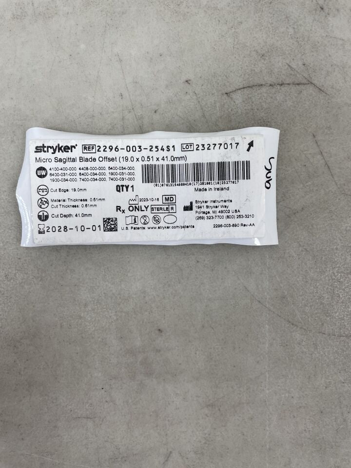 2296-003-254S1  -  STRYKER  -  Micro Sagittal Blade Offset 19mm x 0.51mm x 41mm , ( EA )  -  ( Expiry Date : 2028-10-01 )