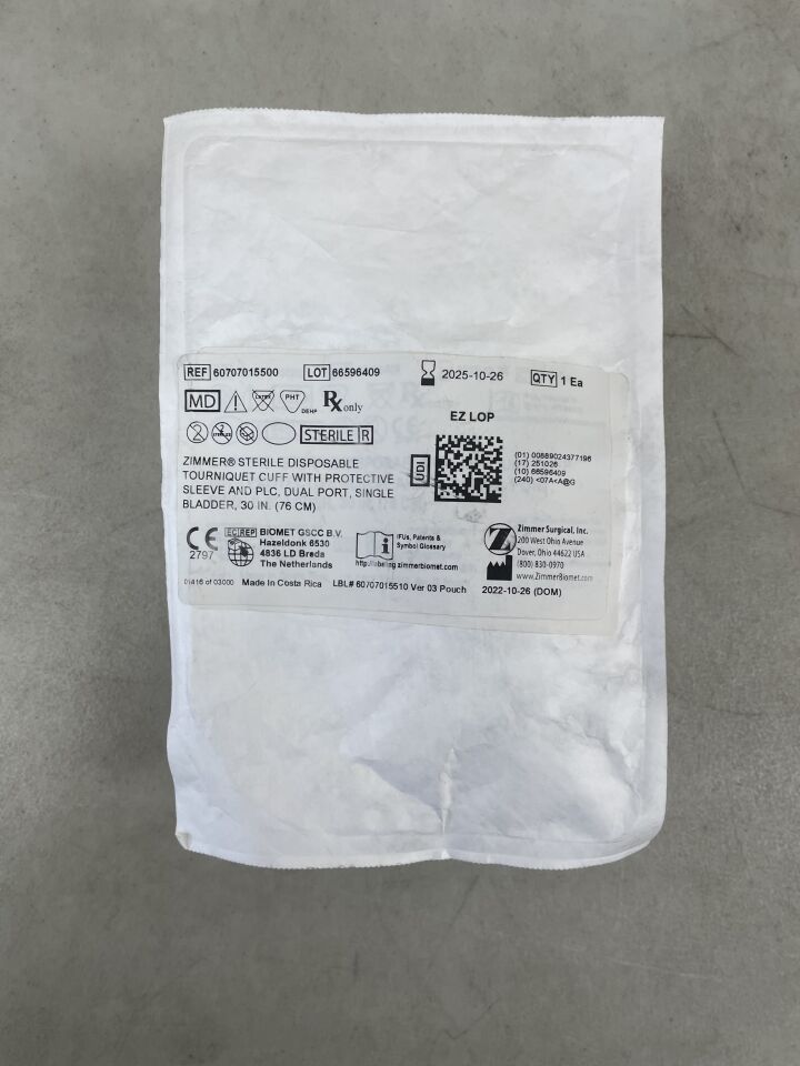 60707015500 - ZIMMER - 30" Tourniquet Cuff w/Sleeve, Dual Port, Single Bladder, PLC, (EA) - ( Expiry Date: 2025-10-26 )