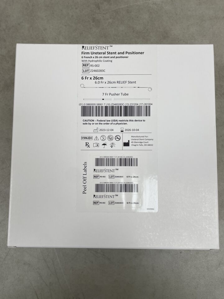 RS-002 - RELIEFSTENT - 堅固的輸尿管支架和定位器，帶親水塗層，6F x 26cm，（BX/1）-（有效期：2026-10-04）