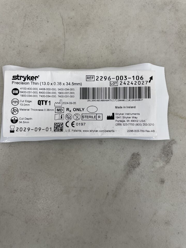 2296-003-106  -  STRYKER  -  Precision Thin Blade, 34.5 L x 13 mm W , ( EA )  -  ( Expiry Date : 2029-09-01 )