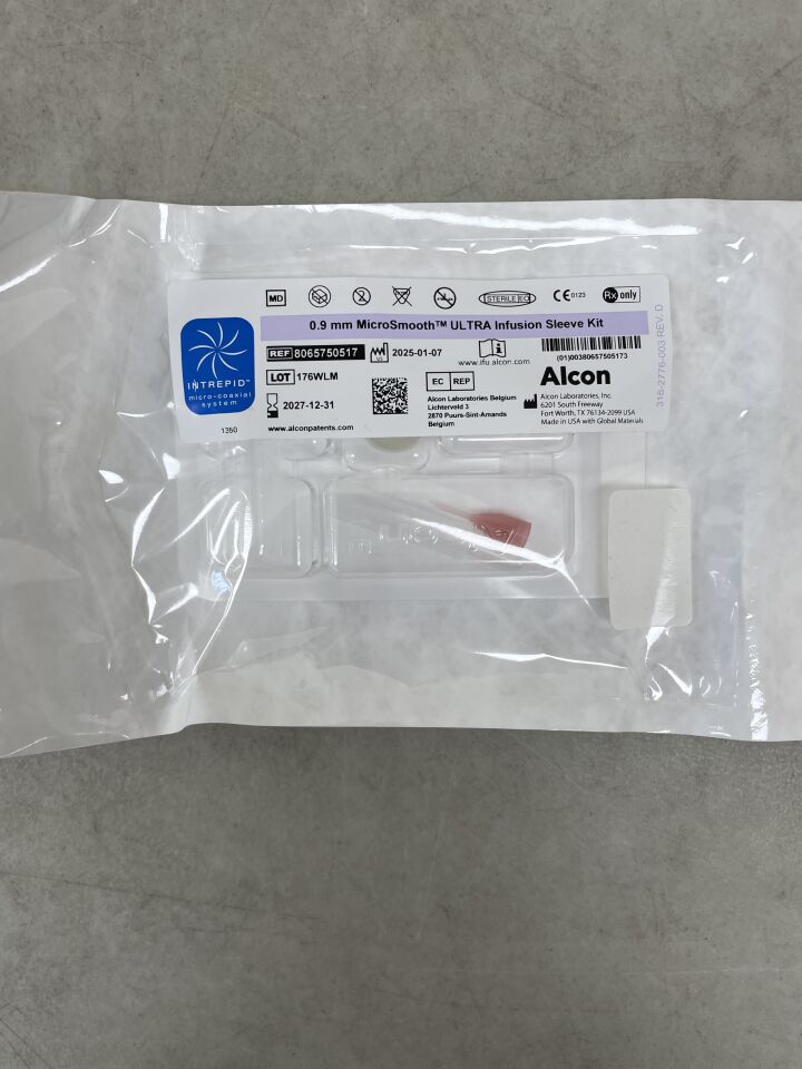 Sterile packaged 0.9 mm MicroSmooth ULTRA Infusion Sleeve Kit for medical use on gray surface