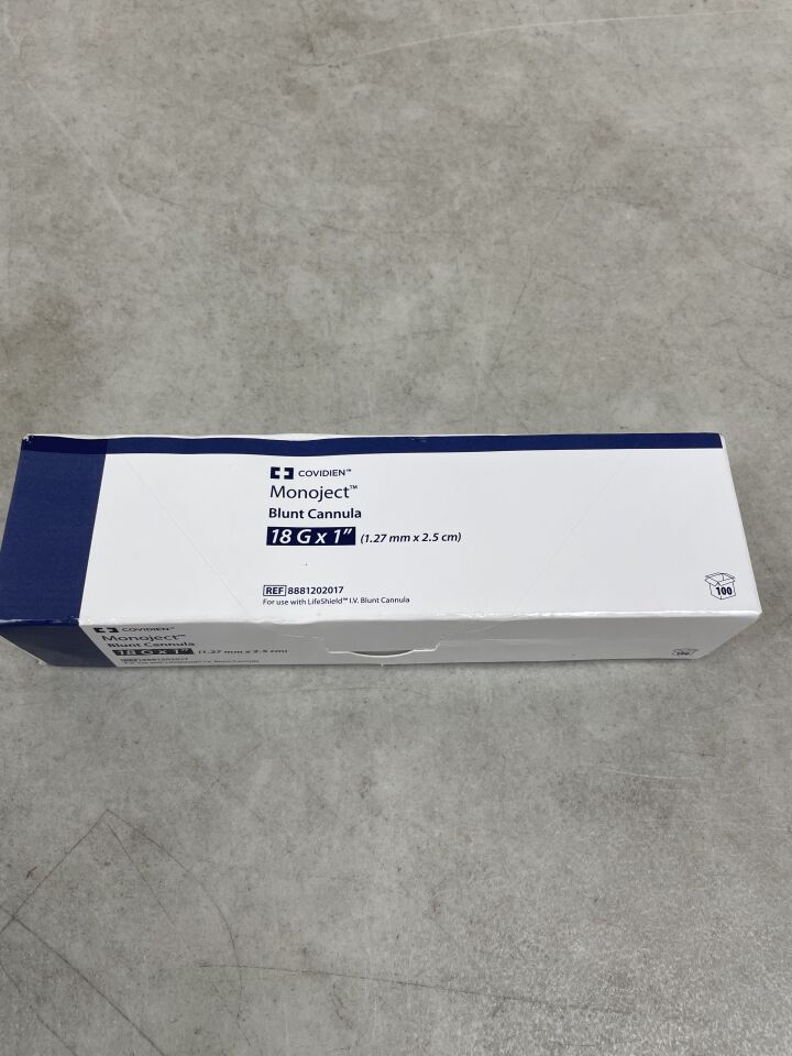 8881202017 - COVIDIEN - Monoject鈍頭套管，18G x 1吋（1.27毫米 x 2.5公分），（100支/盒）-（有效期至：2099年12月31日）