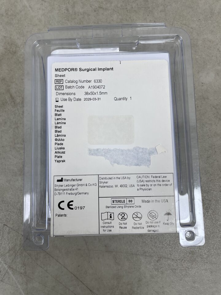6330  -  STRYKER  -  Medpor Surgical Implant, Sheet 38mm x 50mm, 1.5mm , ( EA )  -  ( Expiry Date : 2029-03-31 )