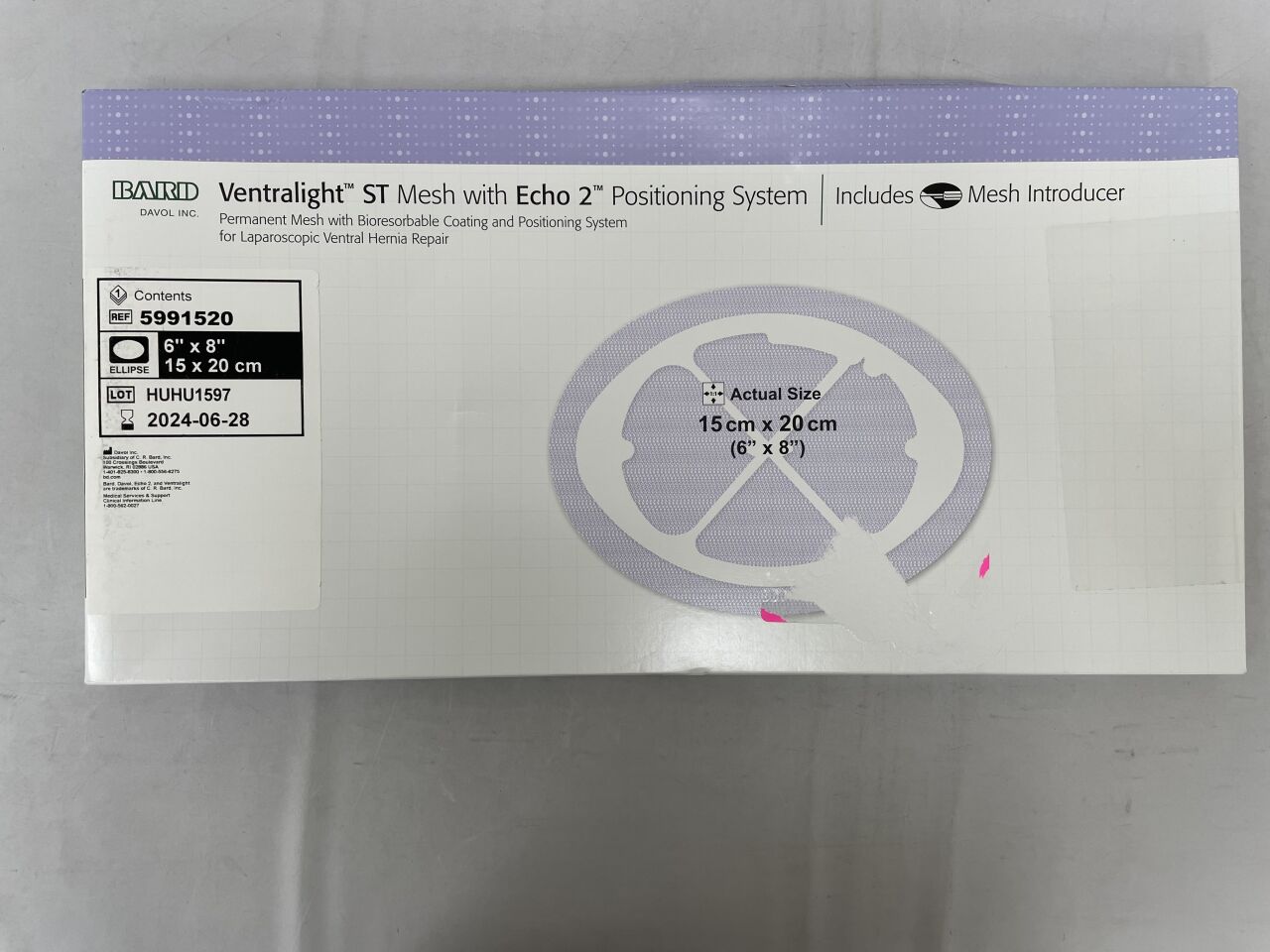5991520 - BARD - Ventralight ST Partially Absorbable Mesh with Echo 2 Positioning System, Ellipse, 6 x 8 in., (BX/1) - ( Expiry Date: 2025-08-28 )