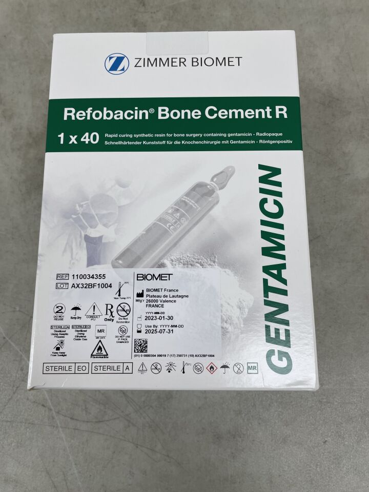 110034355 - BIOMET - Refobacin Bone Cement R, 1 x 40, Green, with Gentamicin, (BX/1) - ( Expiry Date: 2025-07-31 )