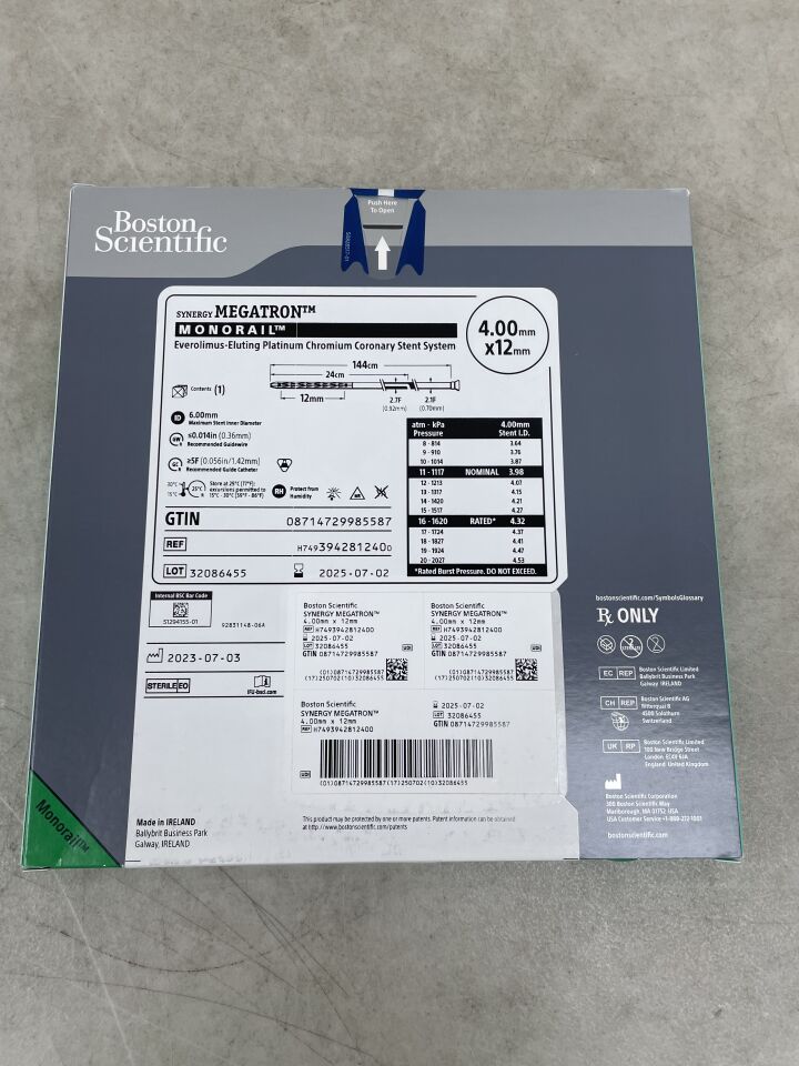 394281240 - BOSTON SCIENTIFIC - SYNERGY MEGATRON Everolimus-Eluting Platinum Chromium Coronary Stent System - Monorail - 4.00mm x 12mm, (BX/1) - ( Expiry Date: 2025-07-02 )