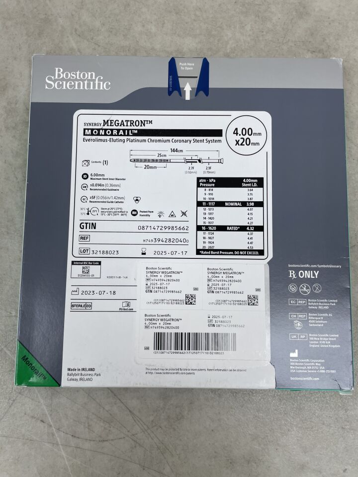 394282040 - BOSTON SCIENTIFIC - SYNERGY MEGATRON Everolimus-Eluting Platinum Chromium Coronary Stent System - Monorail - 4.00mm x 20mm, (BX/1) - ( Expiry Date: 2025-07-17 )