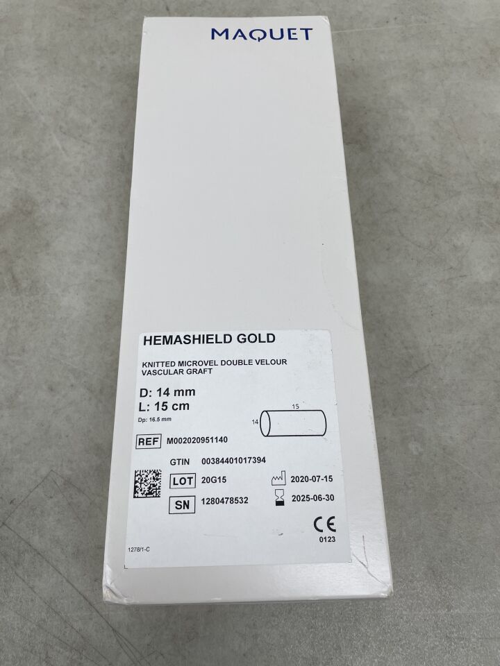 M002020951140 - MAQUET - HemaShield Gold Knitted Microvel Double Velour Vascular Graft, 14mm X 15cm length, (BX/1) - ( Expiry Date: 2025-06-30 )