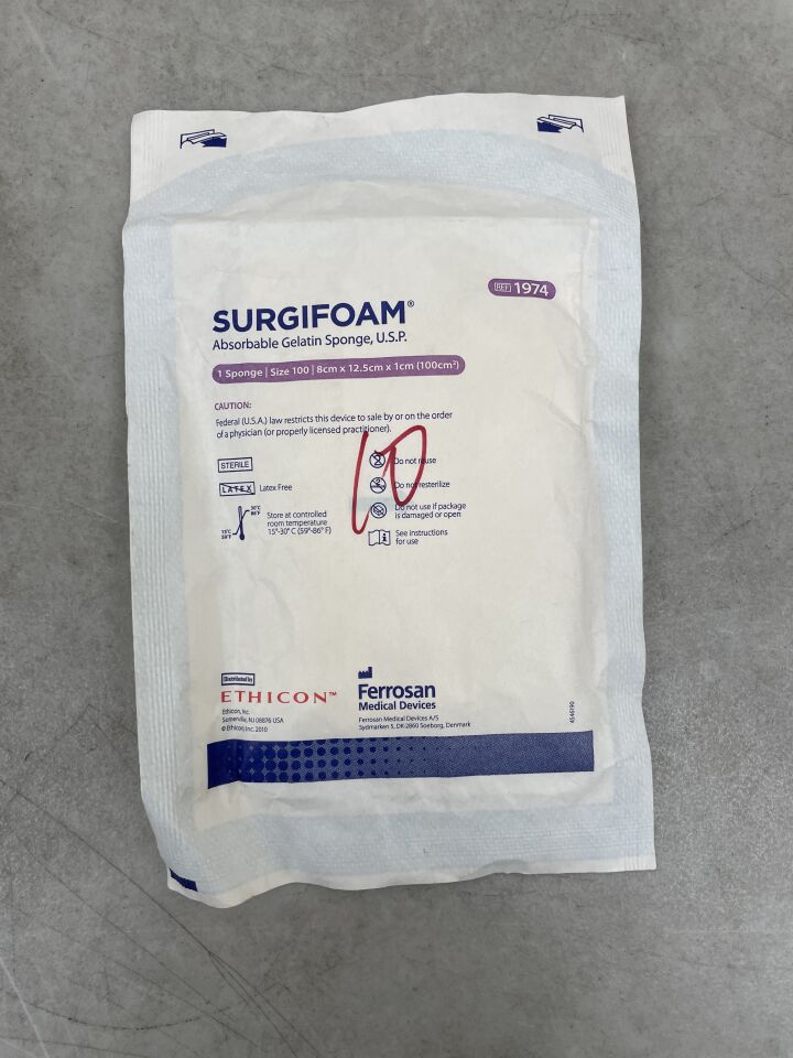 1974 - ETHICON - SURGIFOAM Absorbable Gelatin Sponge, size 100, 8cm x 12.5cm x 1cm, (EA) - ( Expiry Date: 2022-07-02 )