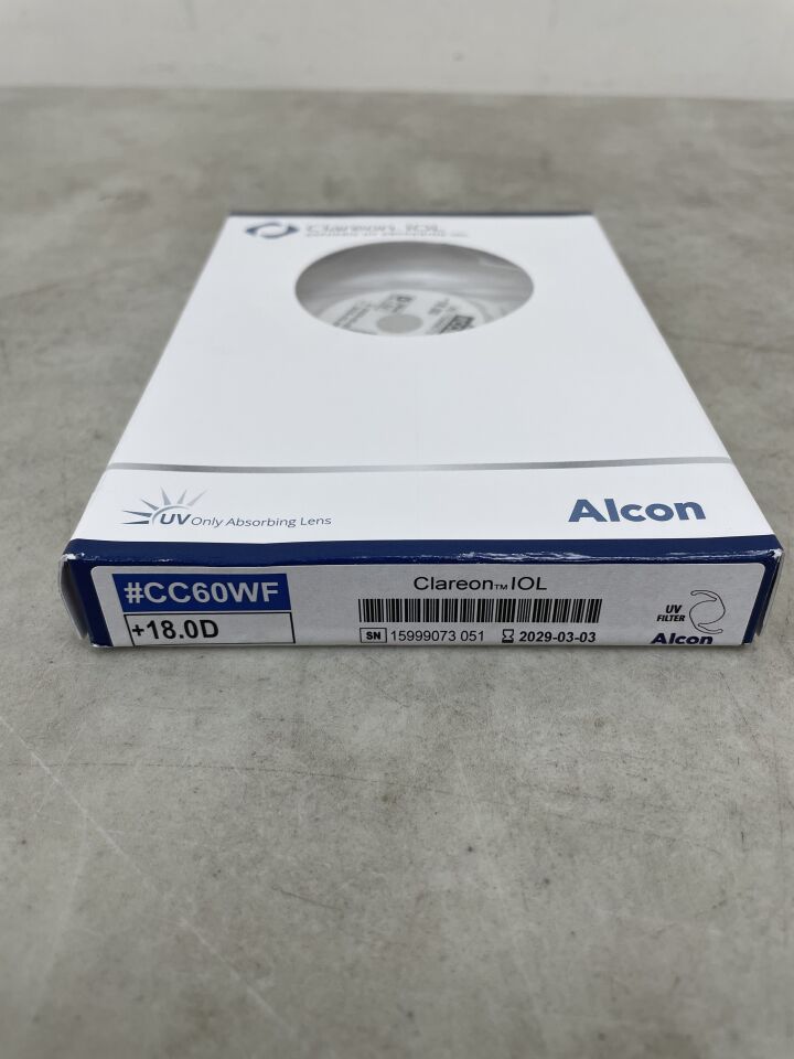 Alcon Clareon IOL UV absorbing lens box labeled CC60WF 18.0D on a gray surface