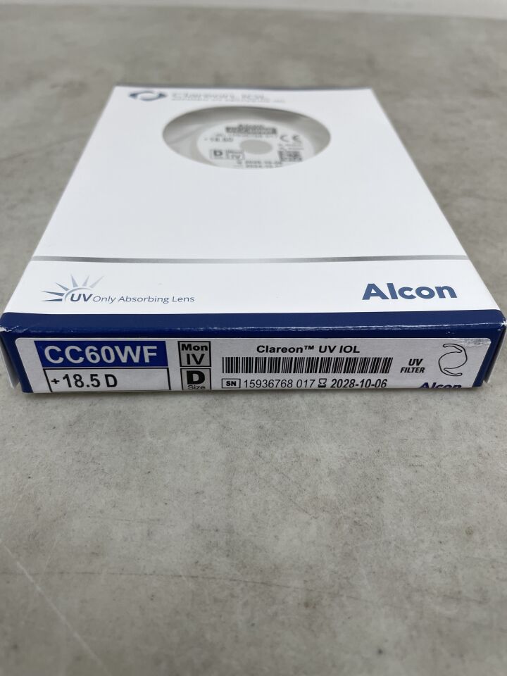 Alcon Clareon UV IOL CC60WF +18.5D intraocular lens box on gray surface, medical supplies