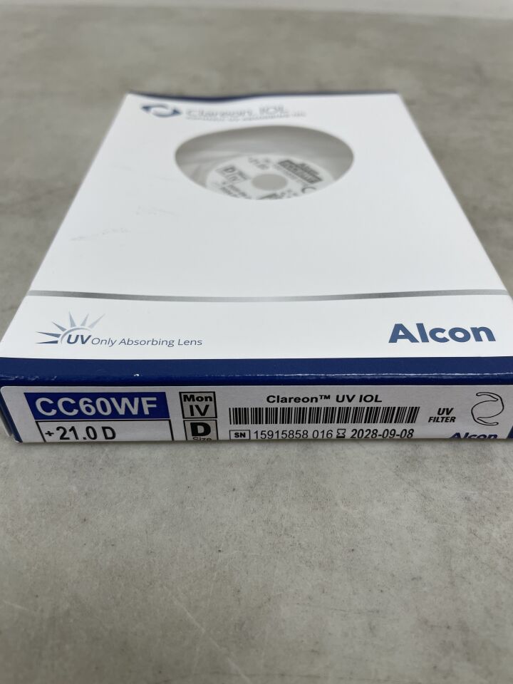 Alcon Clareon UV IOL CC60WF lens packaging for cataract surgery, +21.0D, UV absorbing