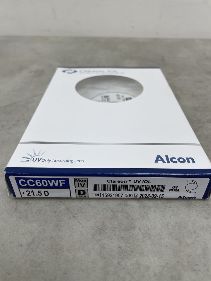 Clareon UV IOL CC60WF lens box, 21.5 D, UV absorbing intraocular lens, medical supply.