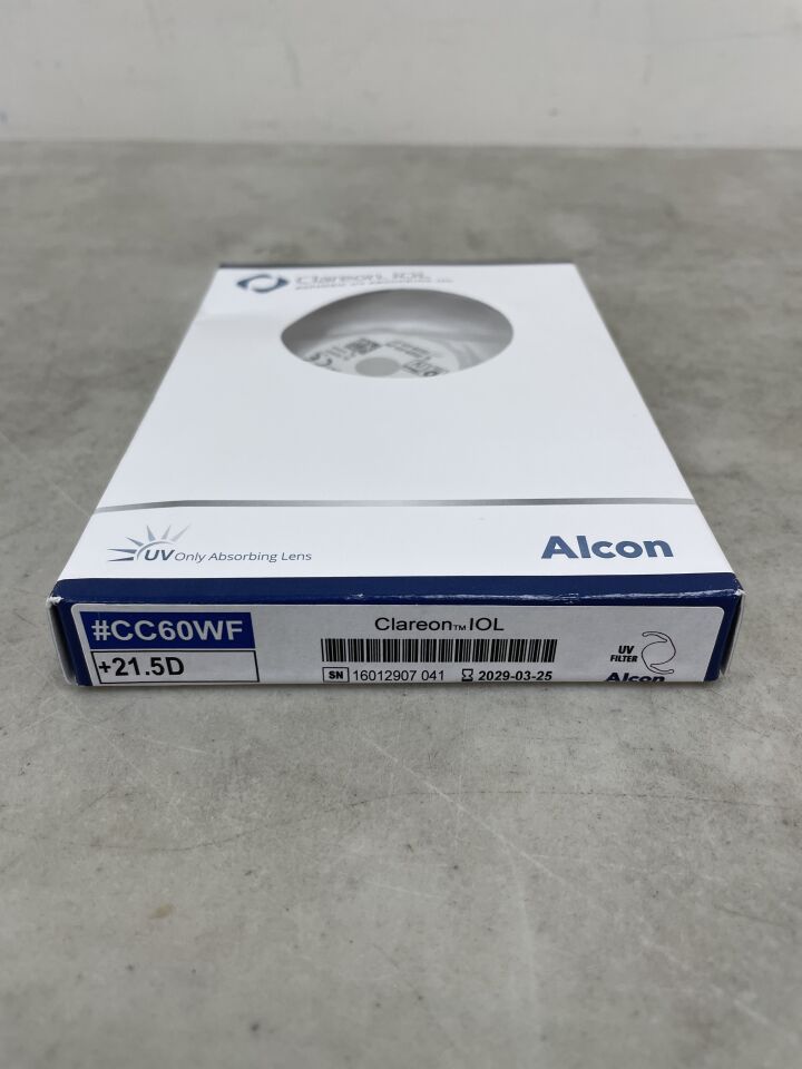 Clareon IOL intraocular lens box by Alcon, UV absorbing, model CC60WF, on gray surface