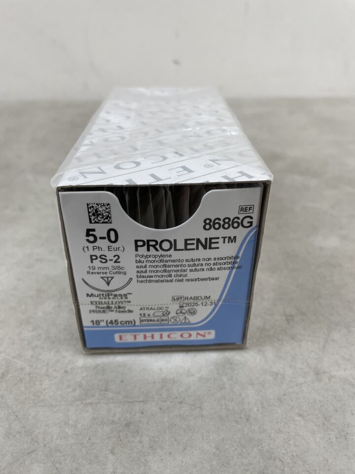 8686G - ETHICON - Prolene 不可吸收單絲聚丙烯縫合線，5-0 號，18 英吋長，PS-2 針，（盒/12）-（有效期至：2025-12-31）