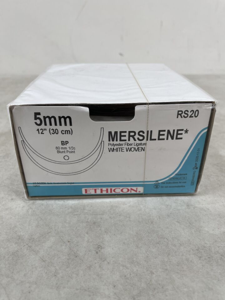 RS20 - ETHICON - Mersilene 不可吸收聚酯編織結紮線，5 毫米規格，12 英吋長，血壓針，（6 支裝）-（有效期至：2025 年 12 月 31 日）