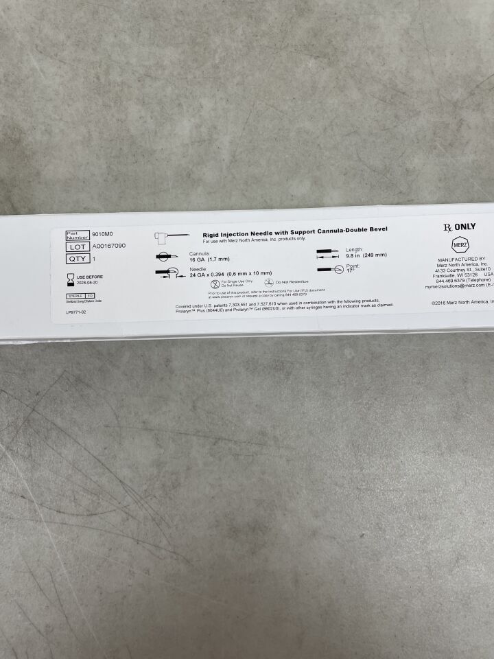 9010M0 - MERZ - 帶支撐套管的硬質注射針 - 雙斜面，16G 套管，9.8 英寸長，24GA x 0.394 英寸針頭，17 度針尖，（盒/1）-（有效期至：2028-08-20）