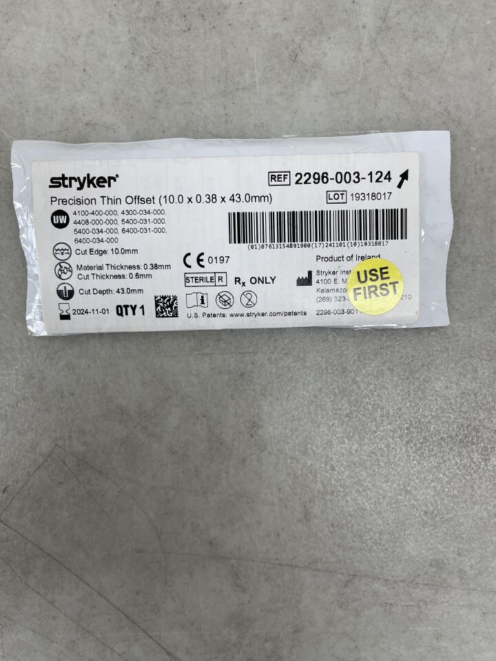 2296-003-124 - STRYKER - Micro Sagittal Saw Blade, 43 L x 10 mm W, (EA) - ( Expiry Date: 2024-11-01 )