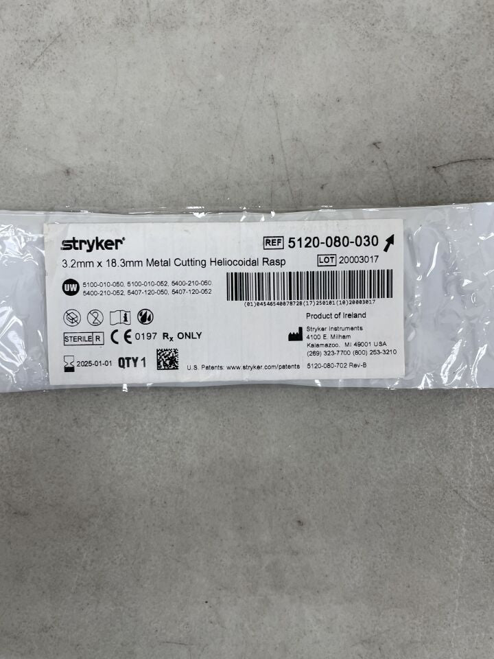 5120-080-030 - STRYKER - Metal Cutting Heliocoidal Rasp, Medium, 3.2 dia. x 18.3 mm, (EA) - ( Expiry Date: 2025-01-01 )