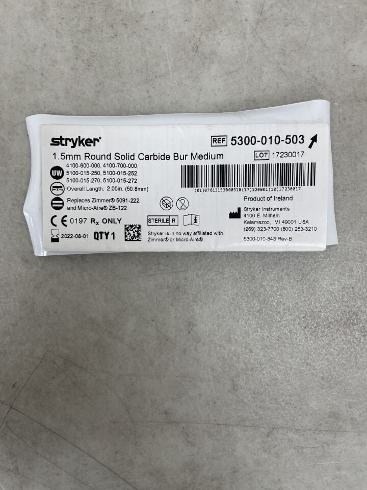 5300-010-503 - STRYKER - 1.5mm Round Solid Carbide Bur, Medium, (EA) - ( Expiry Date: 2022-08-01 )