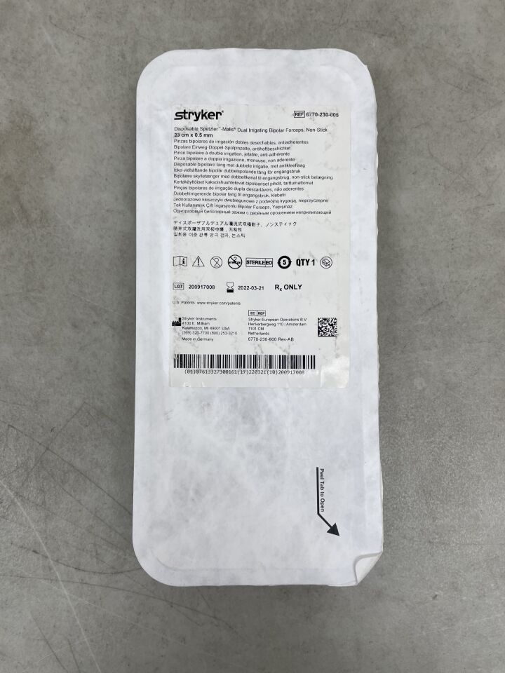 6770-230-005 - STRYKER - Spetzler-Malis Disposable Dual Irrigating Bipolar Forceps, 0.5 x 6 mm Tip Size, 23 cm Length, (EA) - ( Expiry Date: 2022-03-21 )