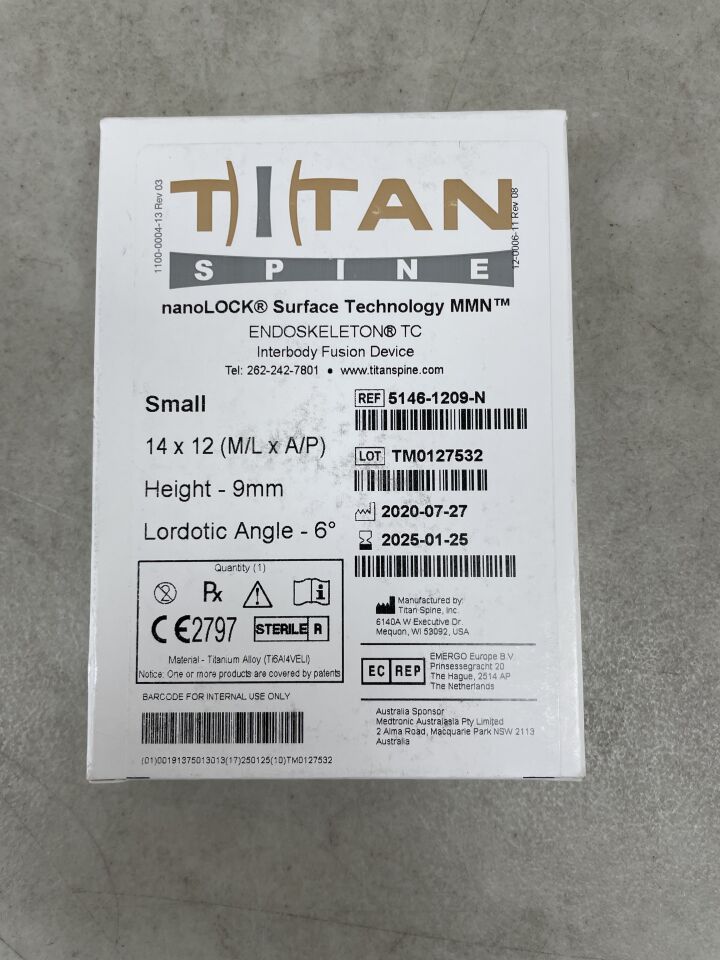 5146-1209-N - TITAN SPINE - ENDOSKELETON TC nanoLOCK Surface Technology, Interbody Fusion Device 6 Degree Small, 9mm, (BX/1) - ( Expiry Date: 2025-01-25 )