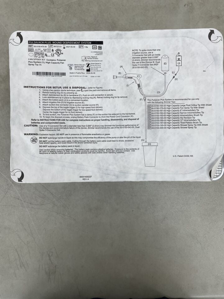 00-5150-475-00 - ZIMMER - Kit de pulverización en abanico para sistema de desbridamiento de heridas PulsaVac Plus (sin caja), (unidades) - (Fecha de caducidad: 30/05/2027)